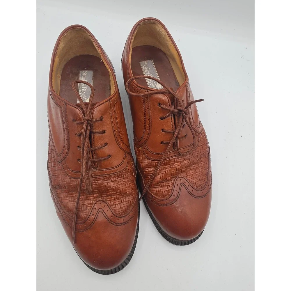 Stanley Blacker Mens 8 W Woven Leather Wingtip Oxford Shoes Tan Brown Italy